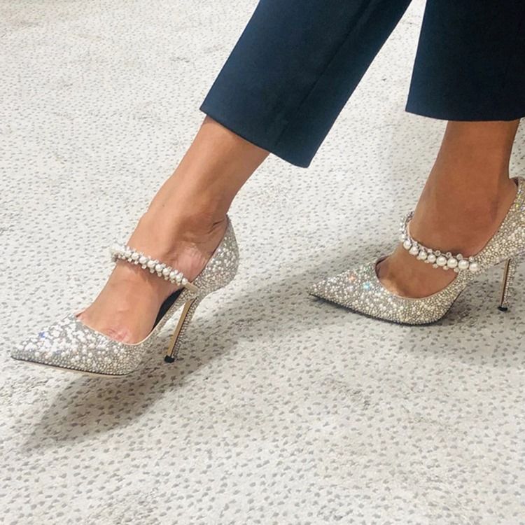 Beads Stiletto Heel Spiss Tå Vanlige Tynne Sko