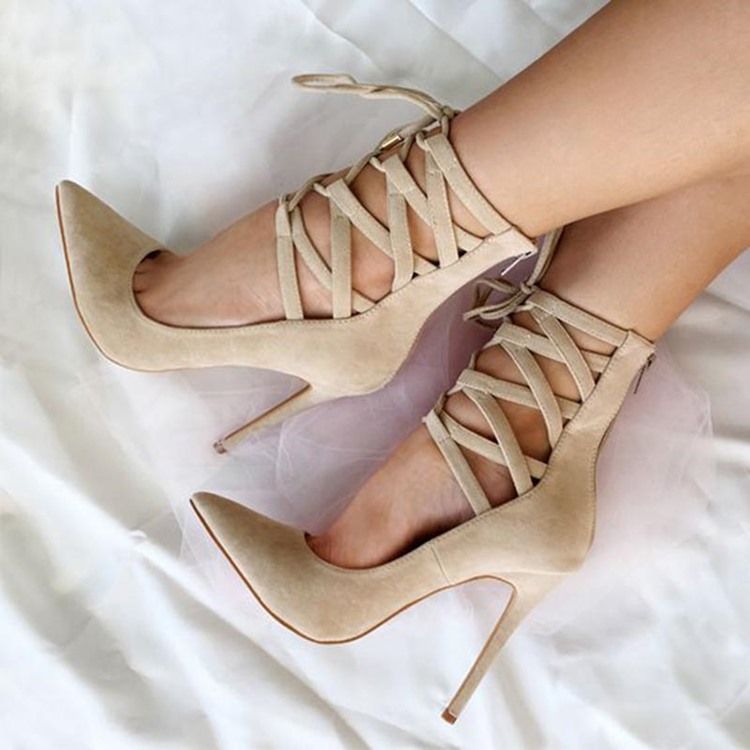 Beige Cross Strap Spiss Toe Pumps