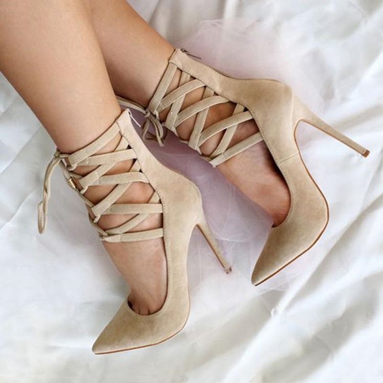 Beige Cross Strap Spiss Toe Pumps