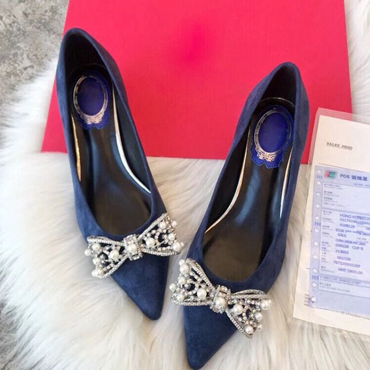 Bowknot Beads Slip-On Spiss Tå Chunky Heel Dame Pumps