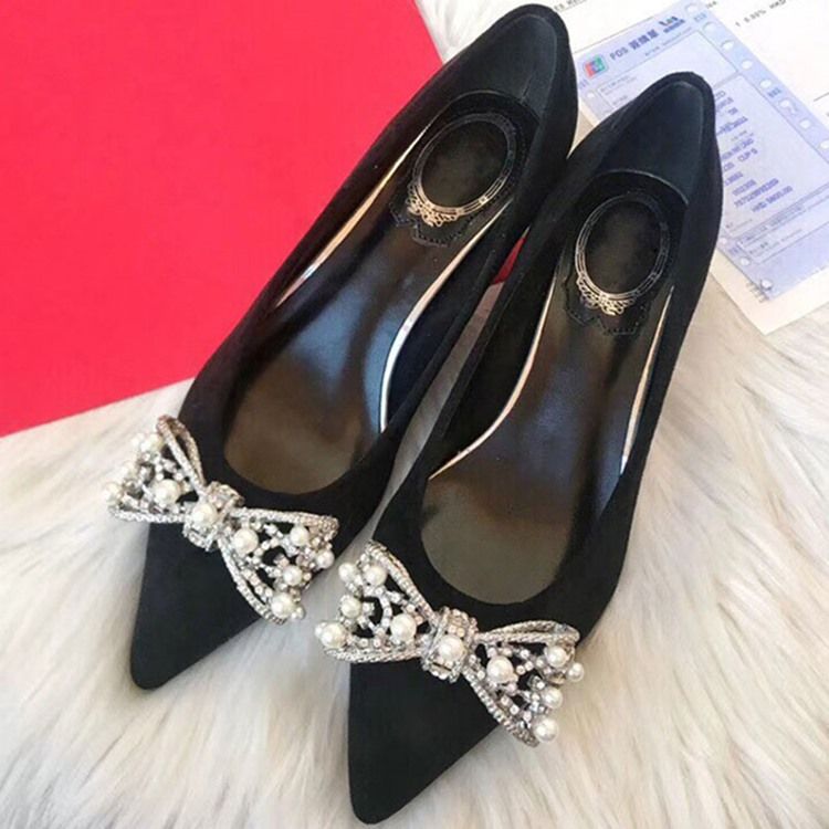 Bowknot Beads Slip-On Spiss Tå Chunky Heel Dame Pumps