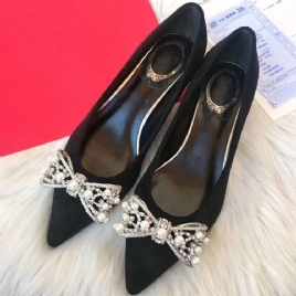 Bowknot Beads Slip-On Spiss Tå Chunky Heel Dame Pumps