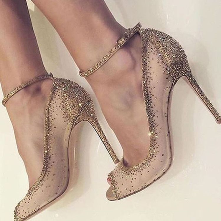 Golden Rhinestone Peep Toe Stiletto Heel Pumps