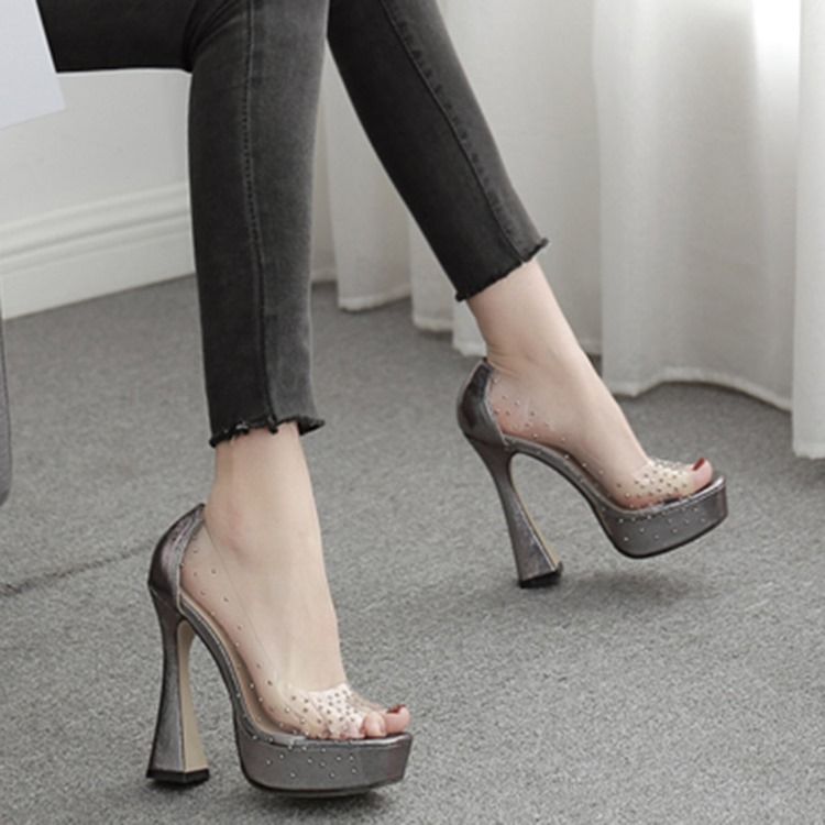 Rhinestone Peep Toe Chunky Heel Casual Pumps