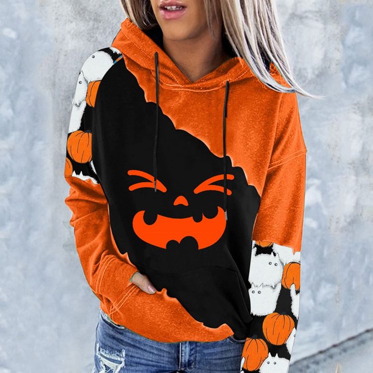 Halloween Color Block Print Raglan Sleeve Winter Langermet Hettegenser