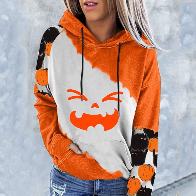 Halloween Color Block Print Raglan Sleeve Winter Langermet Hettegenser