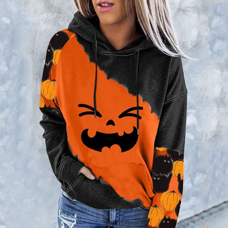 Halloween Color Block Print Raglan Sleeve Winter Langermet Hettegenser