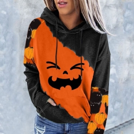 Halloween Color Block Print Raglan Sleeve Winter Langermet Hettegenser