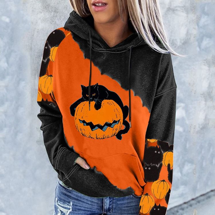 Halloween Color Block Raglan Sleeve Print Hettegenser Med Hette Med Lange Ermer