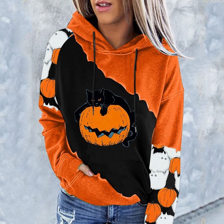 Halloween Color Block Raglan Sleeve Print Hettegenser Med Hette Med Lange Ermer