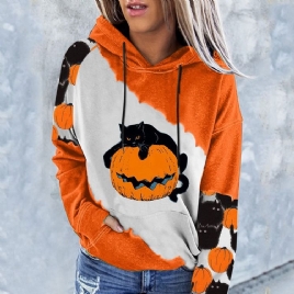 Halloween Color Block Raglan Sleeve Print Hettegenser Med Hette Med Lange Ermer