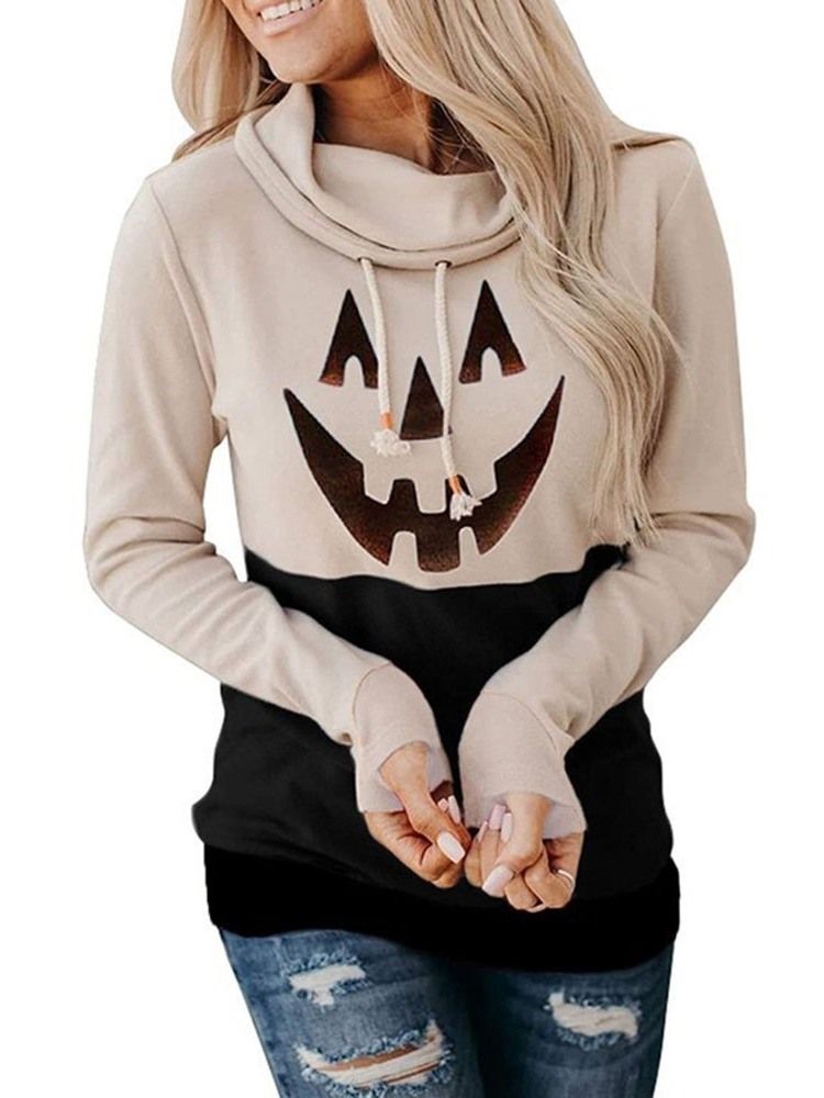 Halloween Print Cartoon Langermet Fleece-Hettegenser