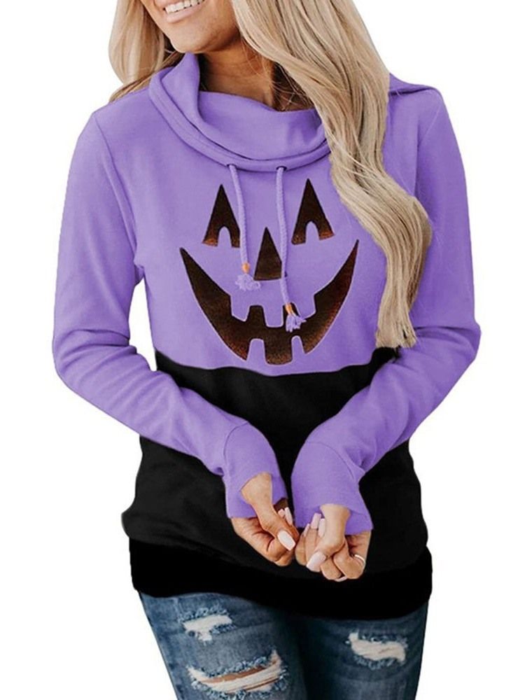 Halloween Print Cartoon Langermet Fleece-Hettegenser