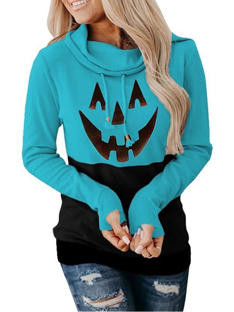 Halloween Print Cartoon Langermet Fleece-Hettegenser