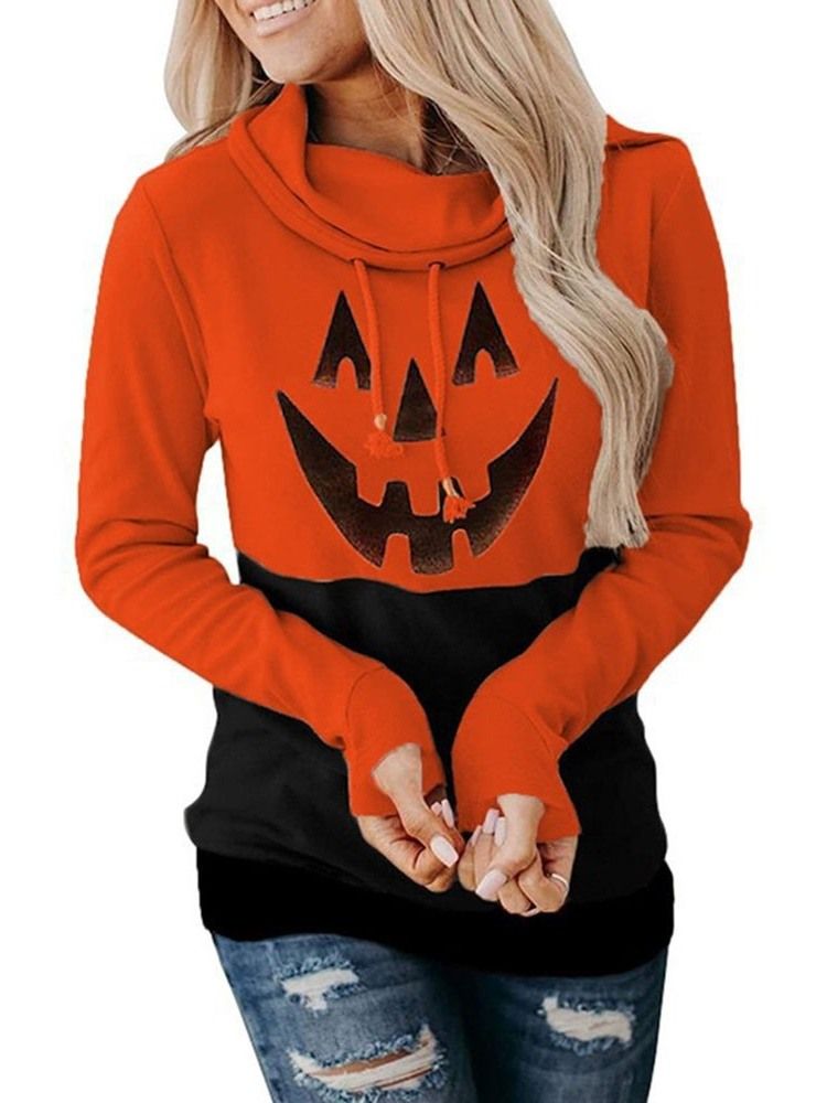 Halloween Print Cartoon Langermet Fleece-Hettegenser