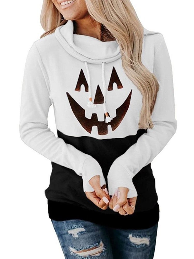 Halloween Print Cartoon Langermet Fleece-Hettegenser