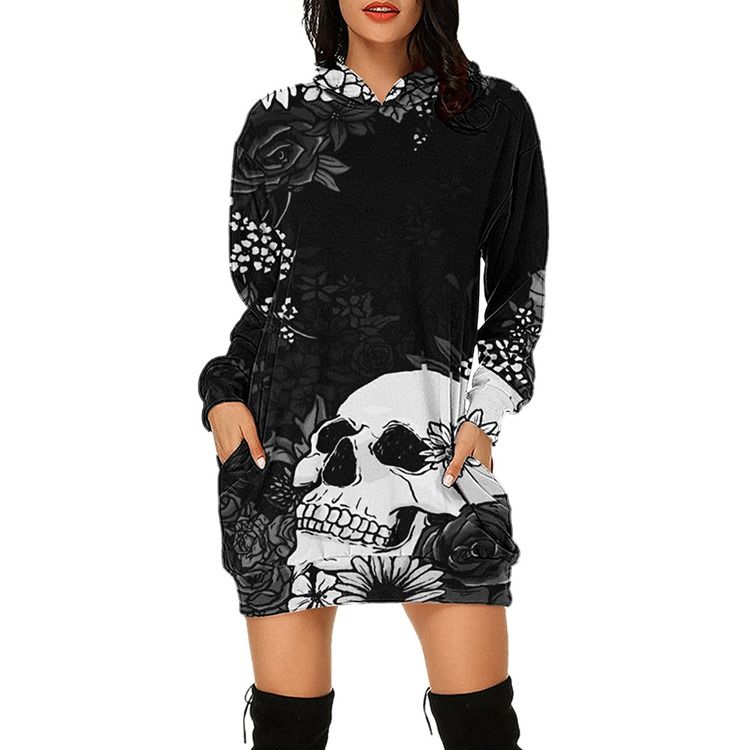 Halloween Skull Regular Pocket Langermet Vinter Hettegenser