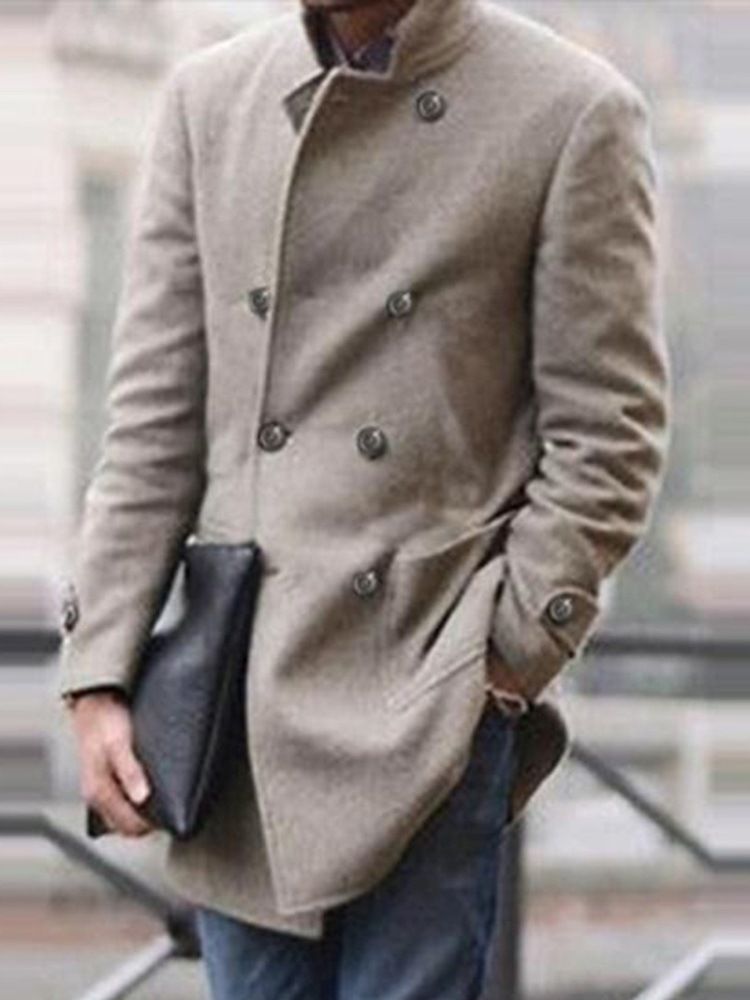 Mid-Length Plain Pocket England Double-Breasted Coat