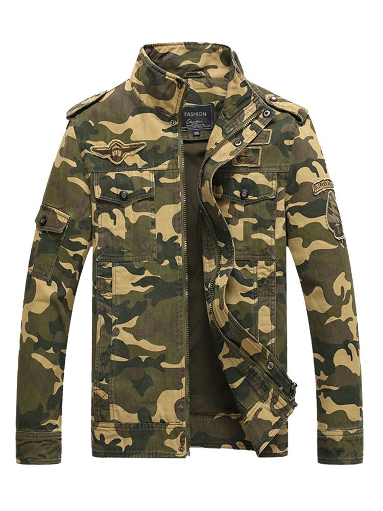 Cotton Blends Camouflage Stand Collar Zip Herrejakke