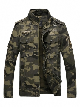 Cotton Blends Camouflage Stand Collar Zip Herrejakke