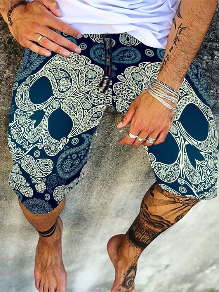 Print Loose Skull Mid Waist Herreshorts Med Snøring