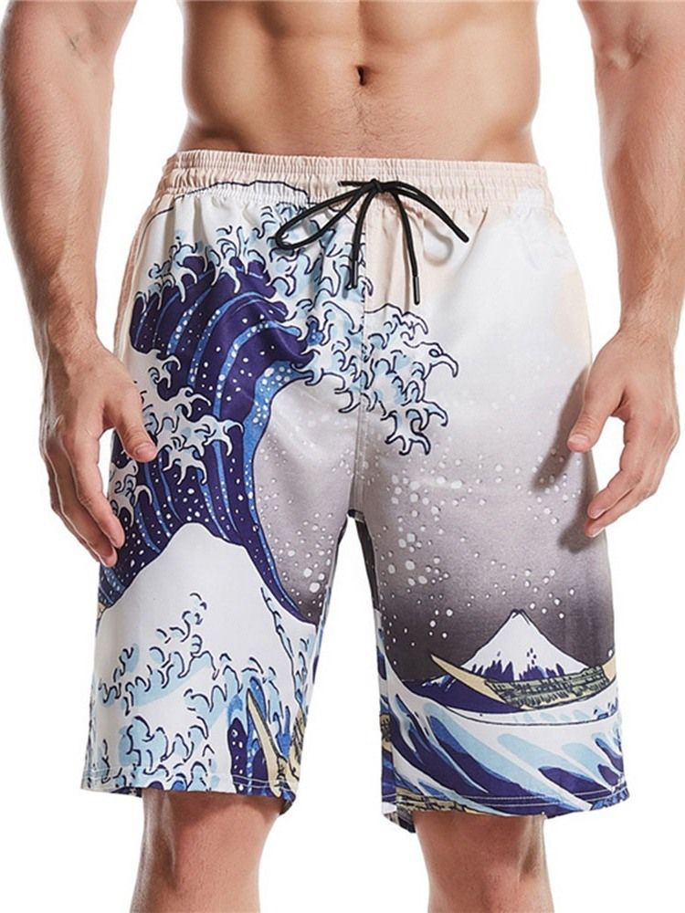 Print Straight Cotton Blends Strandshorts For Menn