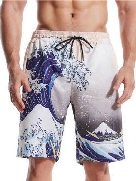 Print Straight Cotton Blends Strandshorts For Menn