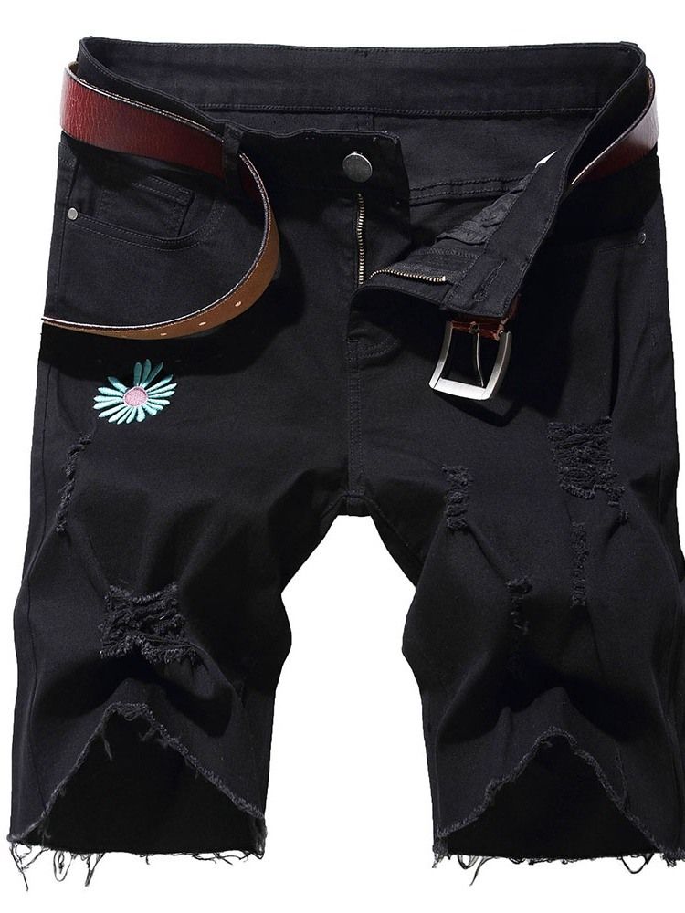 Rett Broderi Blomstret Midje Glidelås Jeansshorts For Menn