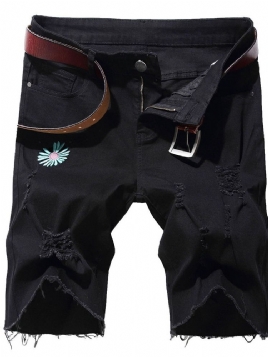 Rett Broderi Blomstret Midje Glidelås Jeansshorts For Menn