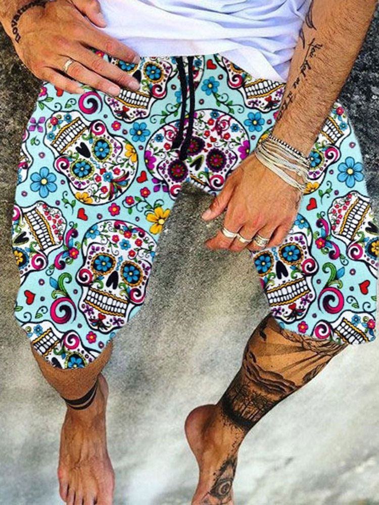 Rett Hodeskalle Print Mid Waist Uformelle Shorts For Menn