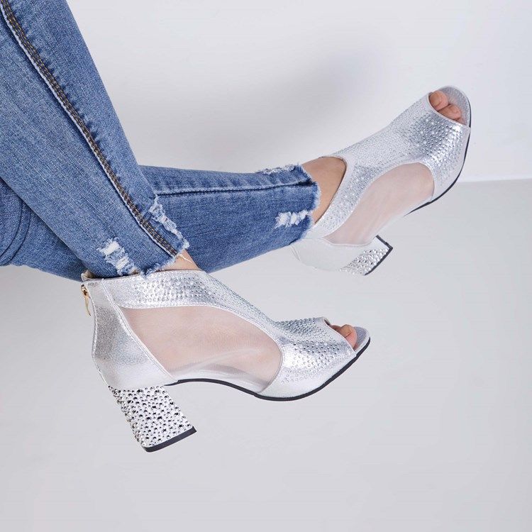 Clear Rhinestone Patchwork Vanlige Chunky Heel Sko