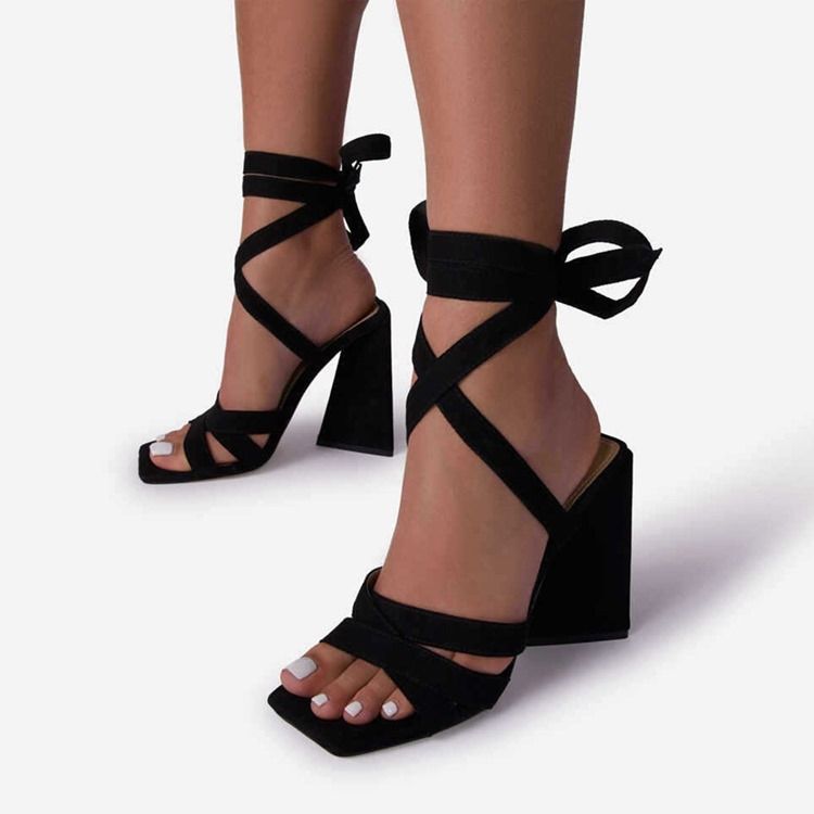 Lace-Up Chunky Heel European Open Toe Vanlige Sandaler