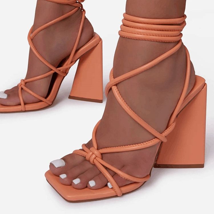 Lace-Up Chunky Heel Square Toe Cross Strap Damesandaler