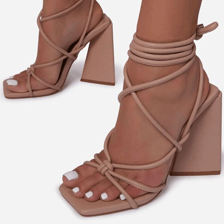 Lace-Up Chunky Heel Square Toe Cross Strap Damesandaler