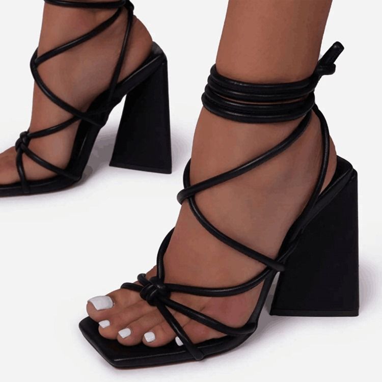 Lace-Up Chunky Heel Square Toe Cross Strap Damesandaler