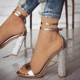 Rhinestone Line-Style Spenne Chunky Heel Damesandaler