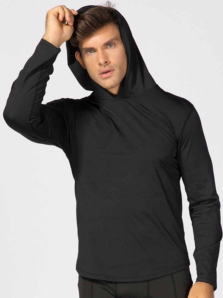 Solid Quick Dry Pullover Langermet Sport Topper Med Hette