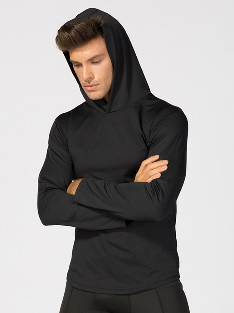 Solid Quick Dry Pullover Langermet Sport Topper Med Hette