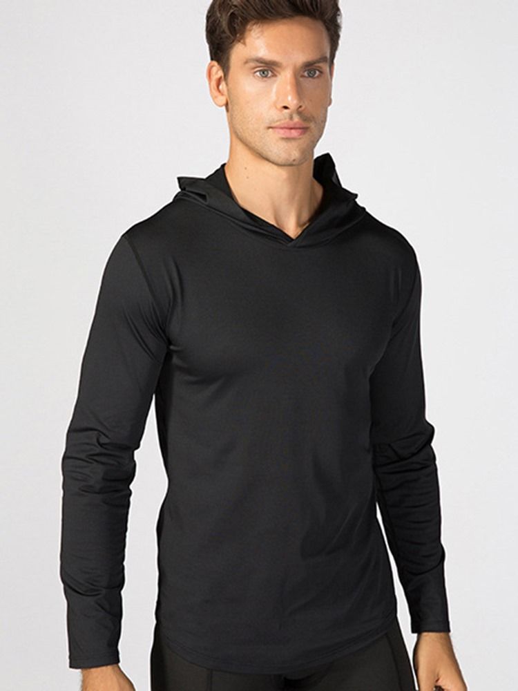 Solid Quick Dry Pullover Langermet Sport Topper Med Hette