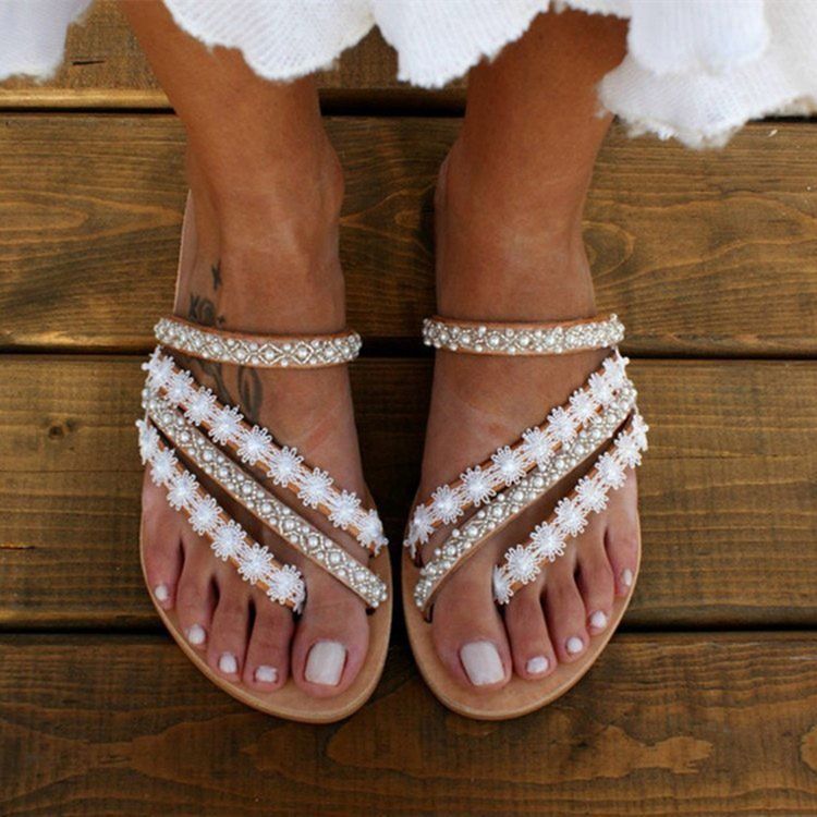 Flat Med Flip Flop Rhinestone Tøfler For Kvinner