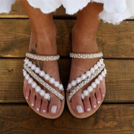 Flat Med Flip Flop Rhinestone Tøfler For Kvinner