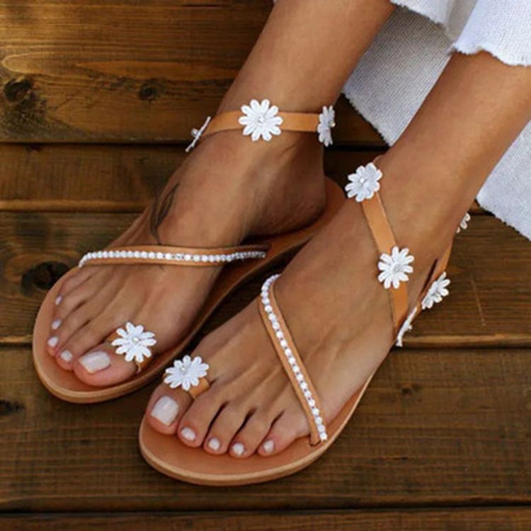 Flat Med Tåring Slip-On Blomstersandaler For Kvinner