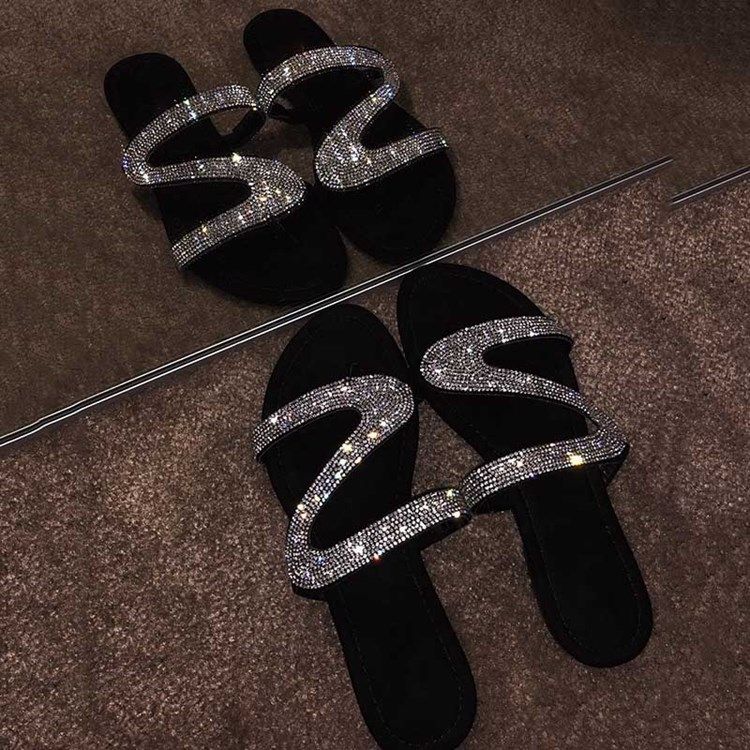 Rhinestone Slip-On Block Heel Kvinners Flate Sandaler