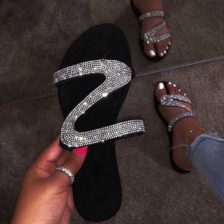 Rhinestone Slip-On Block Heel Kvinners Flate Sandaler