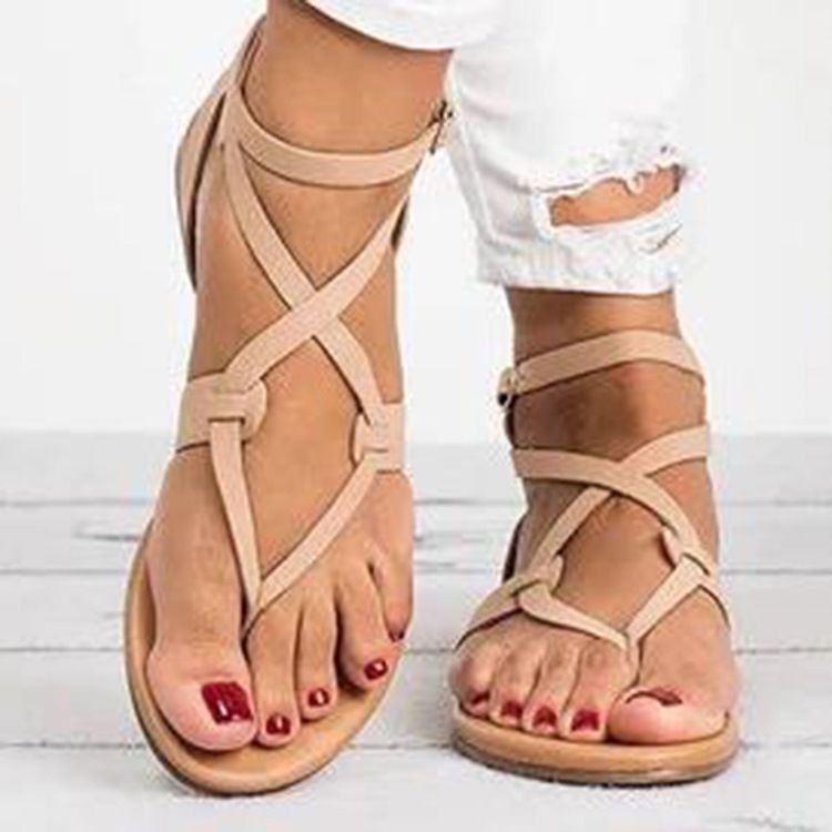 Strappy Plain Buckle Thong Flat Sandaler