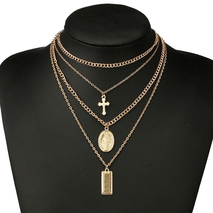 Flerlags Golden Cross Charm Layered Halskjede For Kvinner