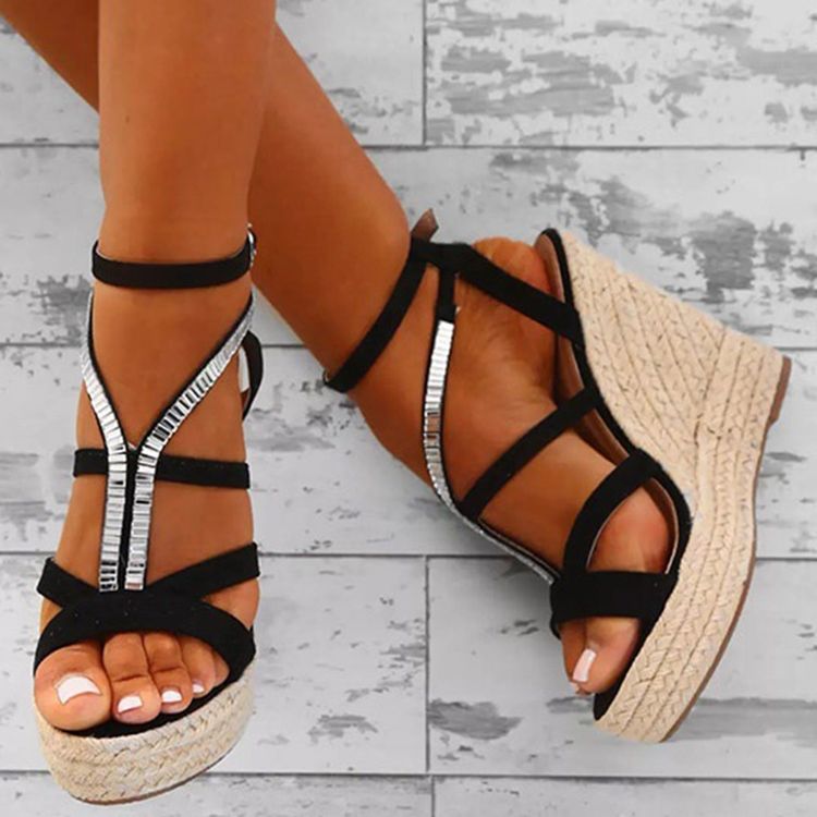 Rhinestone Woven Platform Strappy Kilehæl Espadrillesandaler