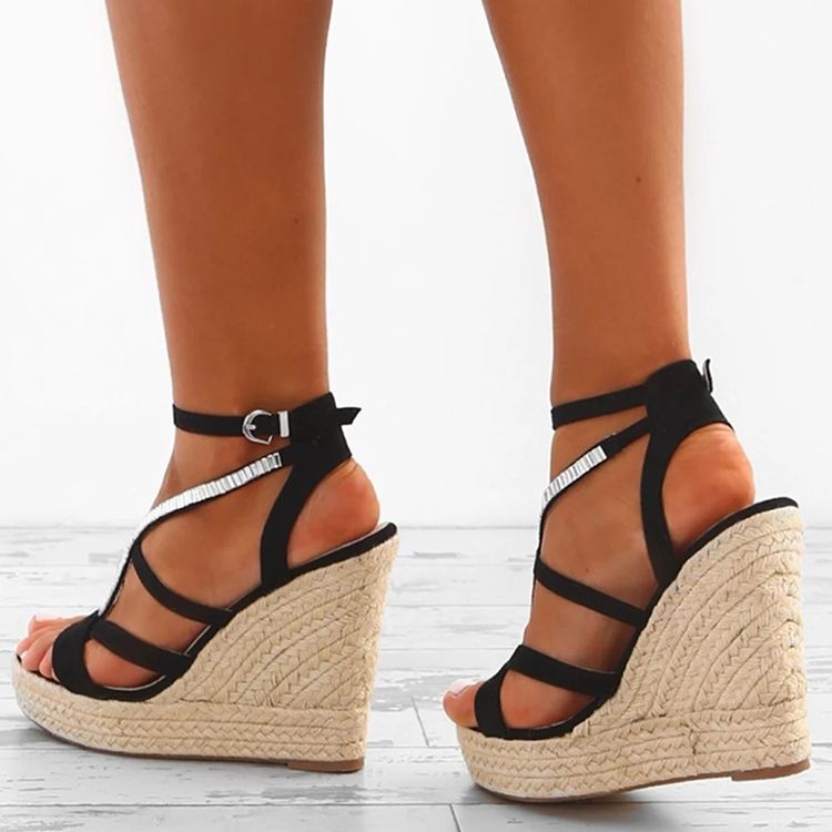 Rhinestone Woven Platform Strappy Kilehæl Espadrillesandaler