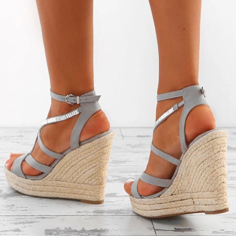 Rhinestone Woven Platform Strappy Kilehæl Espadrillesandaler