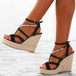 Rhinestone Woven Platform Strappy Kilehæl Espadrillesandaler